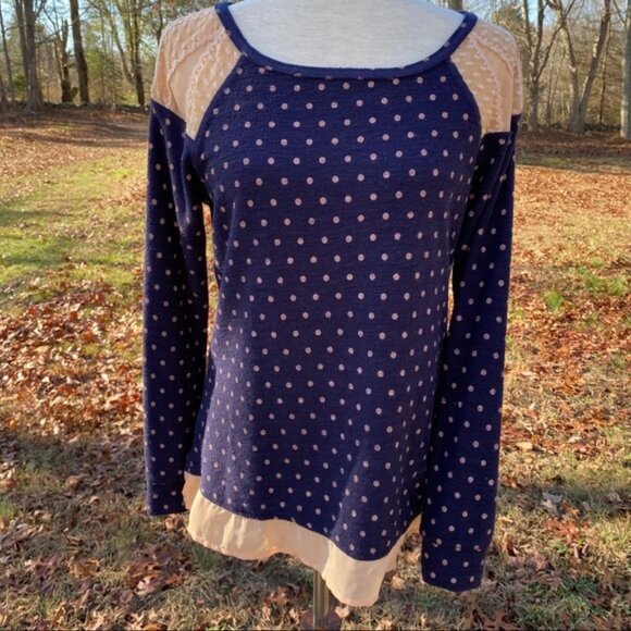MAISON JULES TOP BLUE PEACH DOT SHEER LACE LONG SLEEVE SIZE MEDIUM - Picture 1 of 7